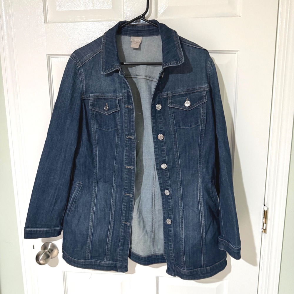 Chico's Women Dark Wash Denim Jacket Size 1 US 8/10 Longline Stretch Cotton